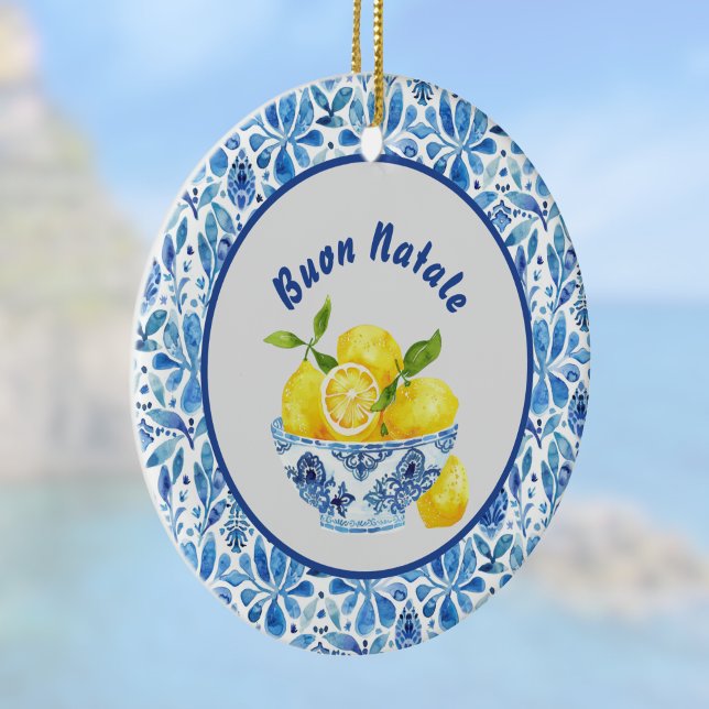 Lemon Mediterranean Buon Natale Azulejo Blue Toile Ceramic Tree Decoration (Creator Uploaded)
