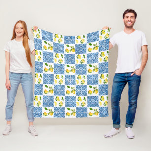 Lemon Mediterranean French Country Tile Pattern Fleece Blanket