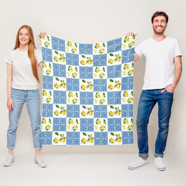 Lemon Mediterranean French Country Tile Pattern Fleece Blanket (In Situ)