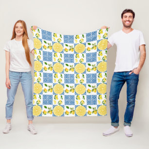 Lemon Mediterranean French Country Tile Pattern Fleece Blanket