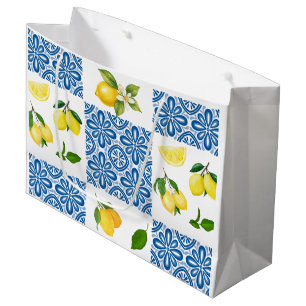 Lemon Mediterranean French Country Tile Pattern Large Gift Bag