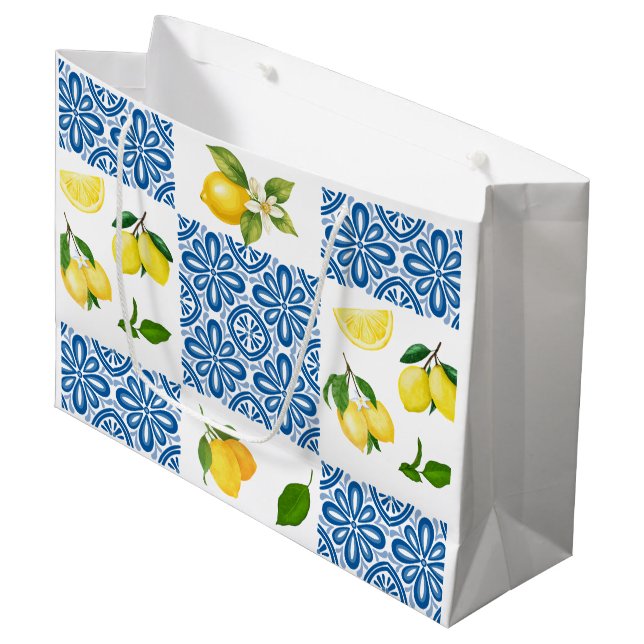Lemon Mediterranean French Country Tile Pattern Large Gift Bag (Front Angled)