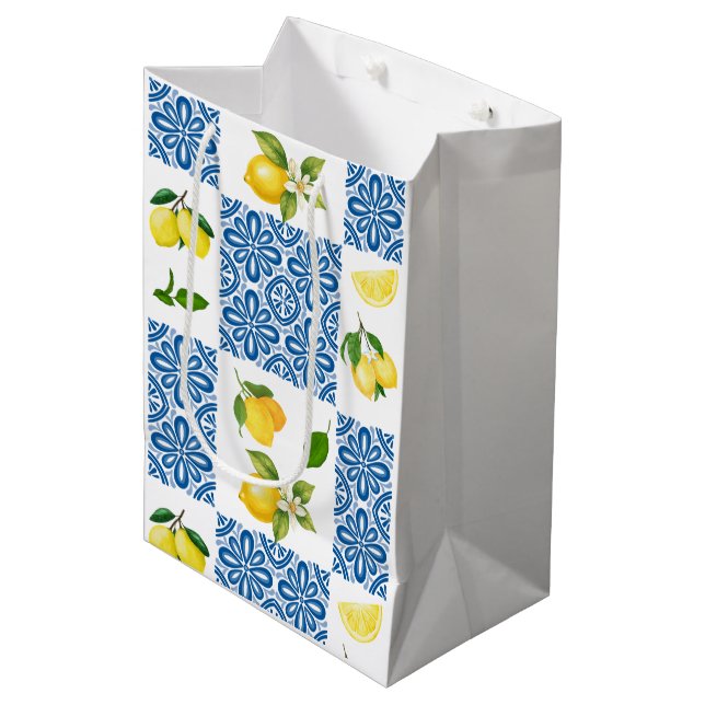 Lemon Mediterranean French Country Tile Pattern Medium Gift Bag (Front Angled)