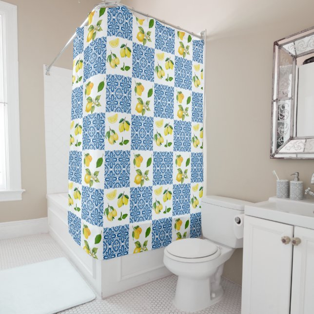 Lemon Mediterranean French Country Tile Pattern Shower Curtain (In Situ)