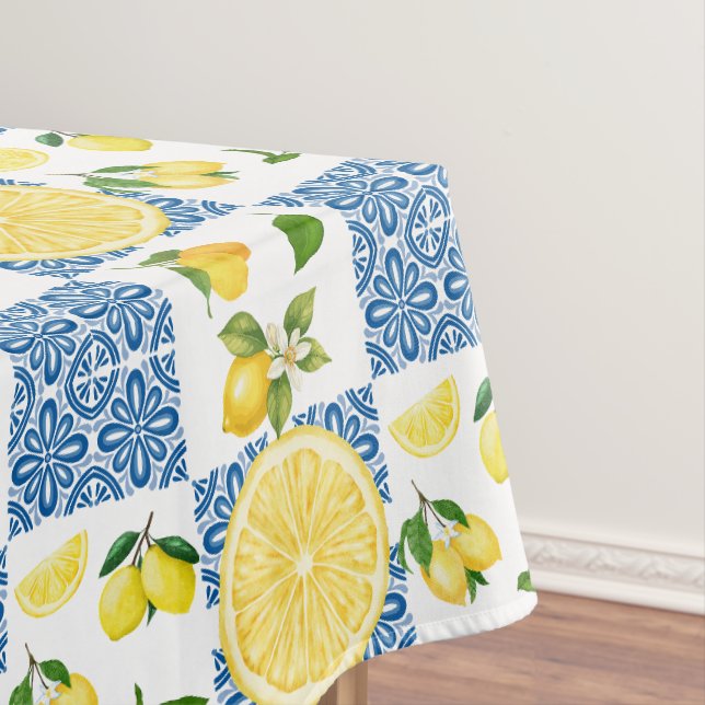 Lemon Mediterranean French Country Tile Pattern Tablecloth (In Situ)