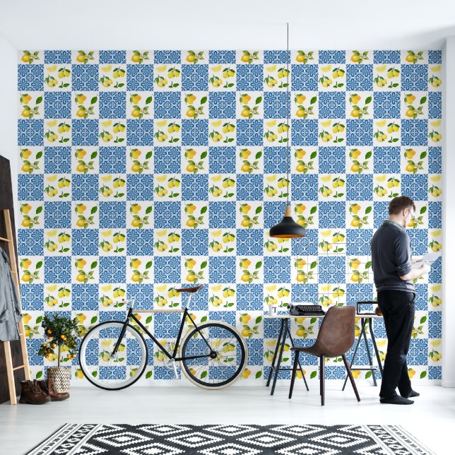 Lemon Mediterranean French Country Tile Pattern Wallpaper (Living Room)