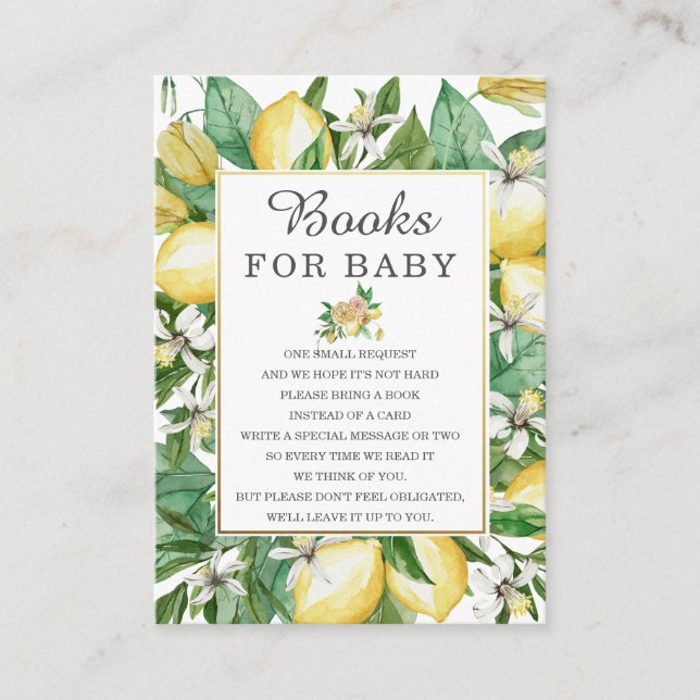 Lemon Mediterranean Greenery Baby Bring a Book Enclosure Card (Front)