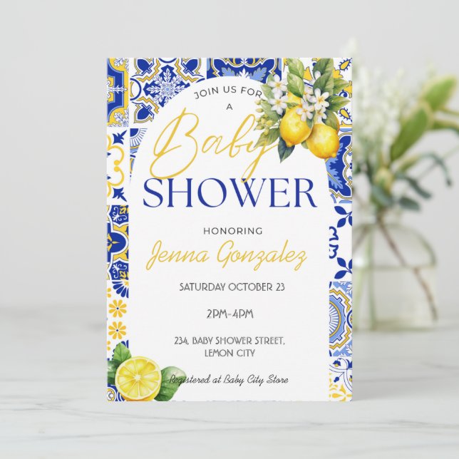 Lemon Mediterranean Italian Blue Tiles Baby Shower Invitation (Standing Front)