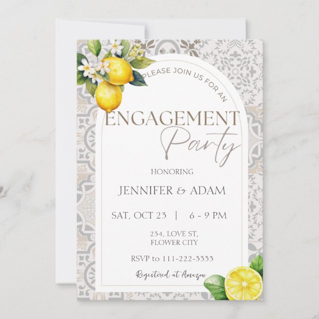 Lemon Mediterranean Italian Tiles Engagement Party Invitation (Front)