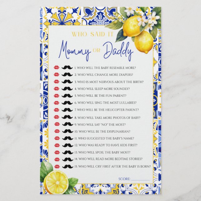 Lemon Mediterranean Mummy Daddy Baby Shower Game (Front)