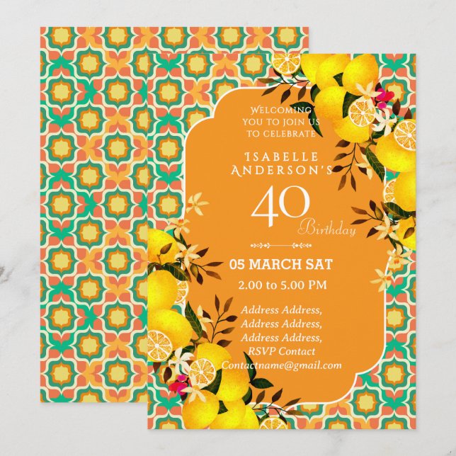 Lemon Mediterranean Orange 40th invitation (Front/Back)