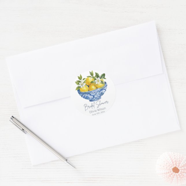 Lemon Mediterranean Summer Bridal Shower  Classic Round Sticker (Envelope)