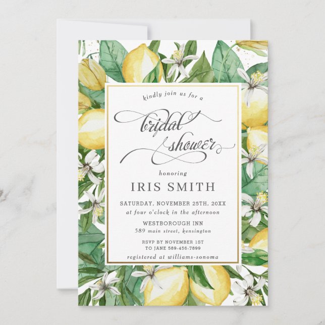Lemon Mediterranean Summer Greenery Bridal Shower Invitation (Front)