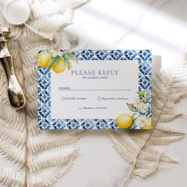 Lemon Mediterranean Summer Wedding RSVP Postcard (Creator Uploaded)