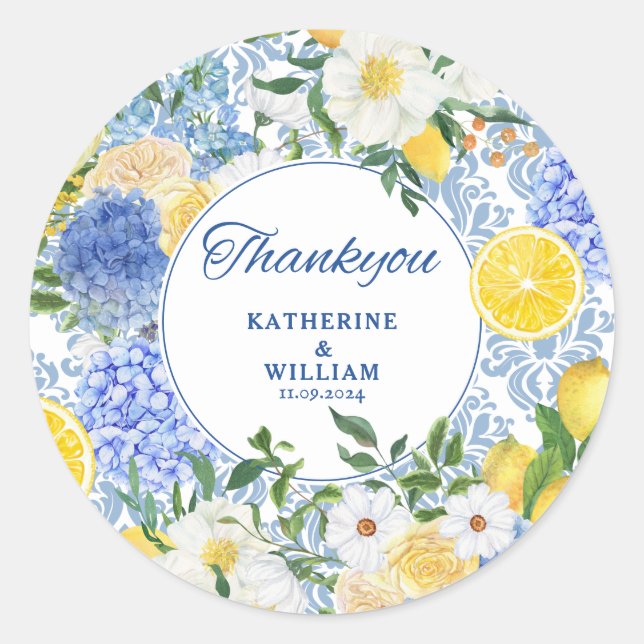 Lemon Mediterranean Tile Blue and Yellow floral Classic Round Sticker (Front)