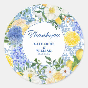 Lemon Mediterranean Tile Blue and Yellow floral Classic Round Sticker