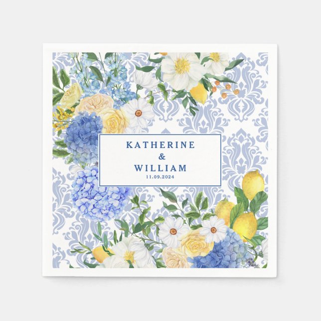 Lemon Mediterranean Tile Blue and Yellow floral Napkin (Front)