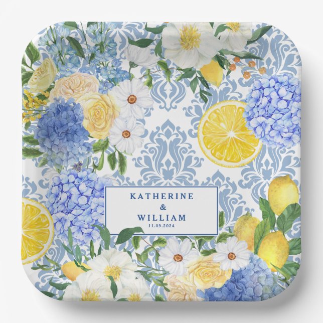 Lemon Mediterranean Tile Blue and Yellow floral Paper Plate (Front)