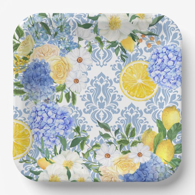 Lemon Mediterranean Tile Blue and Yellow floral Paper Plate (Front)