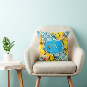 Lemon Mediterranean Tiles Blue Cushion
