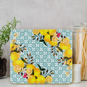 Lemon Mediterranean Tiles Blue Cutting Board