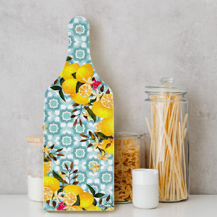 Lemon Mediterranean Tiles Blue Cutting Board