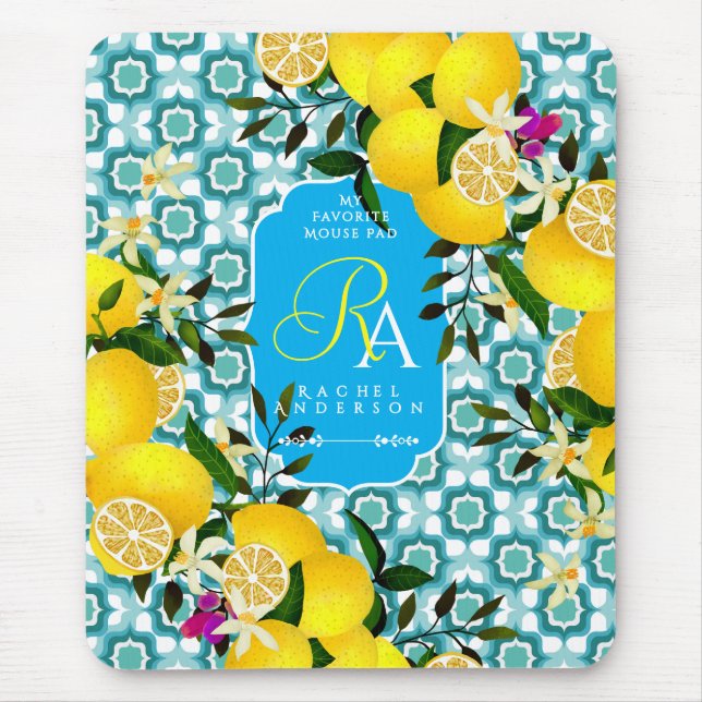 Lemon Mediterranean Tiles Blue Mouse Mat (Front)