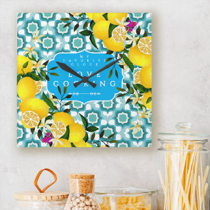 Lemon Mediterranean Tiles Blue Square Wall Clock