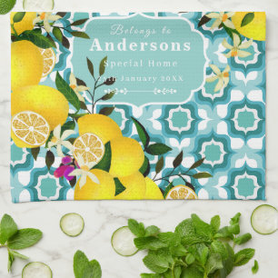 Lemon Mediterranean Tiles Blue Tea Towel
