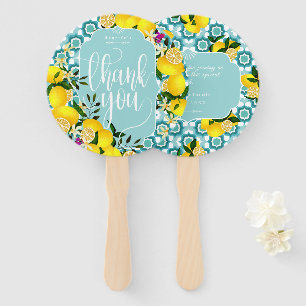 Lemon Mediterranean Tiles Blue White Thank You  Hand Fan