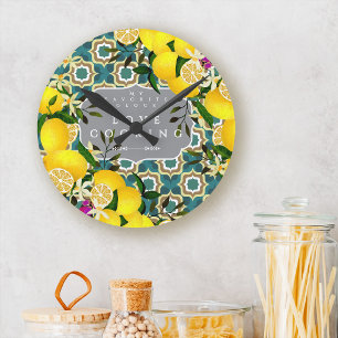 Lemon Mediterranean Tiles Grey Blue Round Clock