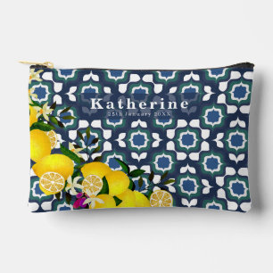 Lemon Mediterranean Tiles Navy Blue White Accessory Pouch