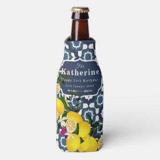 Lemon Mediterranean Tiles Navy Blue White Bottle Cooler