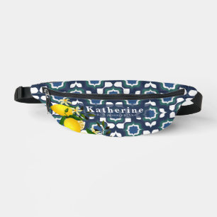 Lemon Mediterranean Tiles Navy Blue White Bum Bags