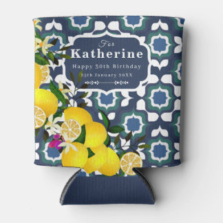 Lemon Mediterranean Tiles Navy Blue White Can Cooler