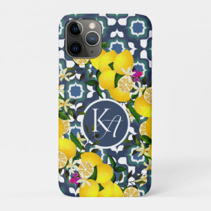 Lemon Mediterranean Tiles  Navy Blue White iPhone 11 Pro Case