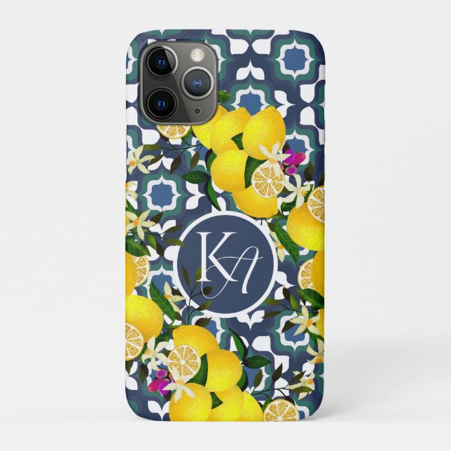 Lemon Mediterranean Tiles  Navy Blue White Case-Mate iPhone Case (Back)