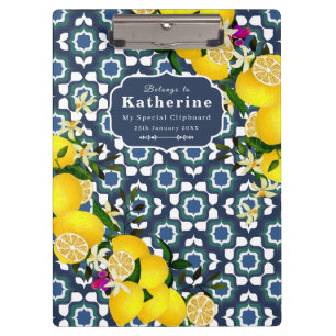 Lemon Mediterranean Tiles Navy Blue White Clipboard