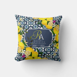 Lemon Mediterranean Tiles Navy Blue White Cushion