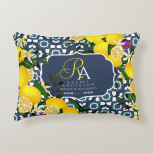 Lemon Mediterranean Tiles Navy Blue White Decorative Cushion