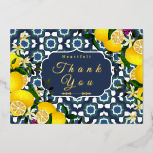 Lemon Mediterranean Tiles Navy Blue White Foil Holiday Card