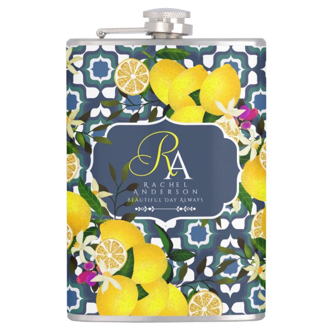 Lemon Mediterranean Tiles  Navy Blue White Hip Flask (Front)