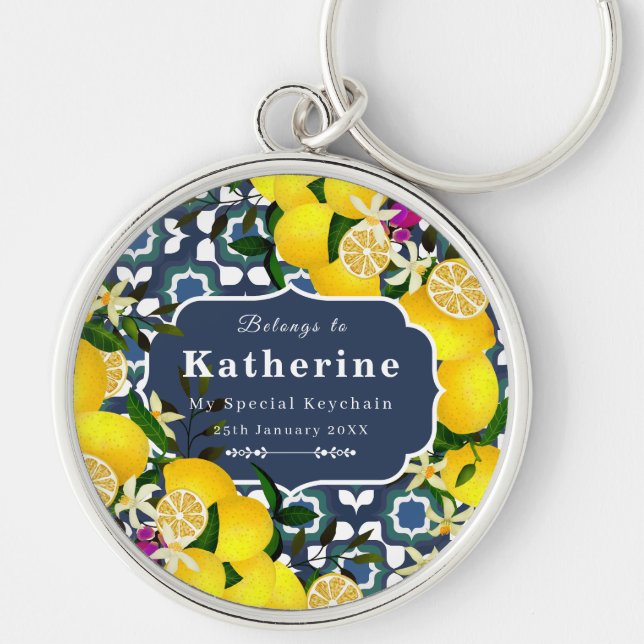 Lemon Mediterranean Tiles  Navy Blue White Key Ring (Front)