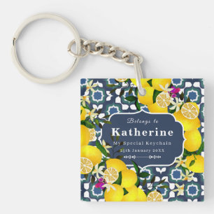 Lemon Mediterranean Tiles Navy Blue White Key Ring