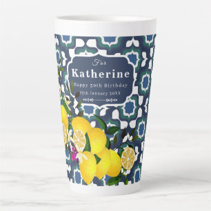 Lemon Mediterranean Tiles Navy Blue White Latte Mug