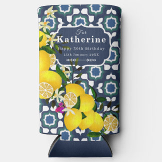 Lemon Mediterranean Tiles Navy Blue White Seltzer Can Cooler