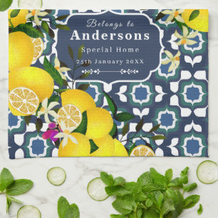 Lemon Mediterranean Tiles Navy Blue White Tea Towel