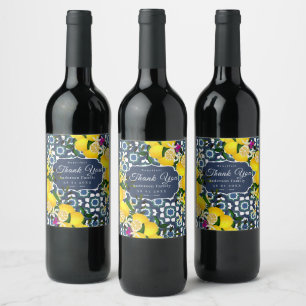 Lemon Mediterranean Tiles  Navy Blue White Wine Label