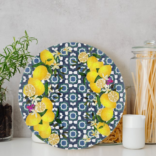 Lemon Mediterranean Tiles Navy Cutting Board (Lemon Mediterranean Tiles Navy Cutting Board)