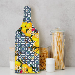 Lemon Mediterranean Tiles Navy Cutting Board